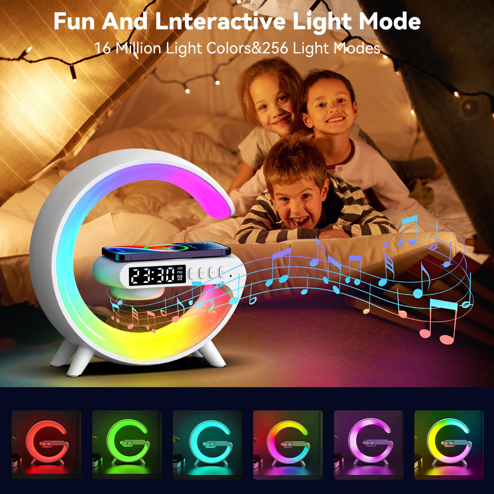 Multifunctional Wireless Charger Stand Pad Alarm Clock Speaker RGB Light Fast Charging Station