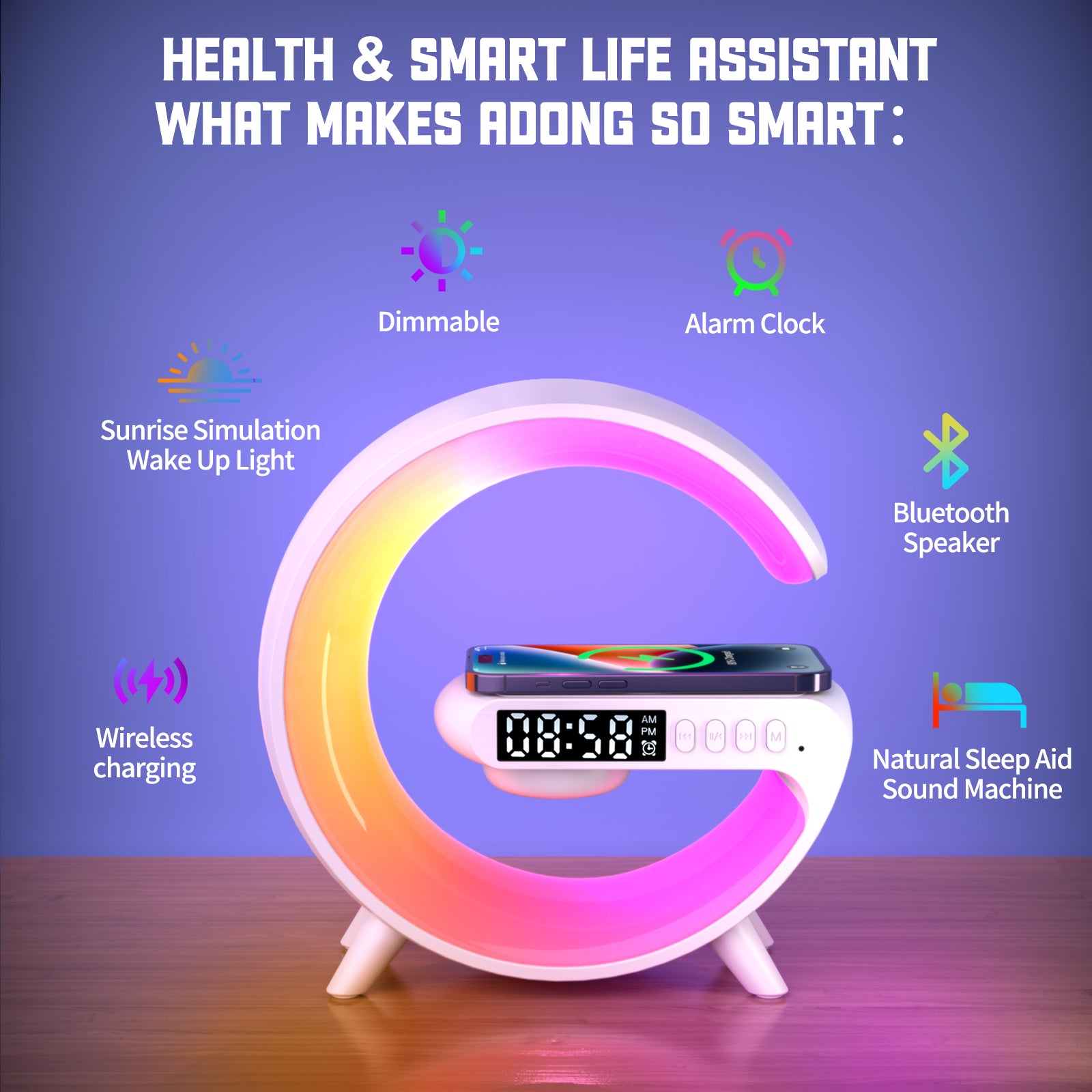 Multifunctional Wireless Charger Stand Pad Alarm Clock Speaker RGB Light Fast Charging Station