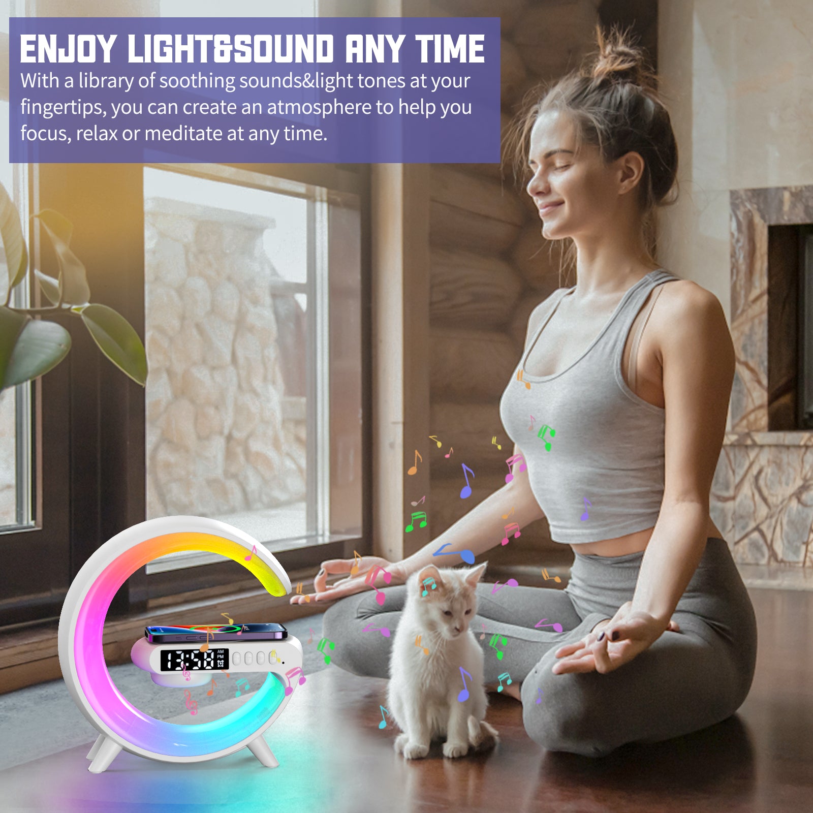 Multifunctional Wireless Charger Stand Pad Alarm Clock Speaker RGB Light Fast Charging Station