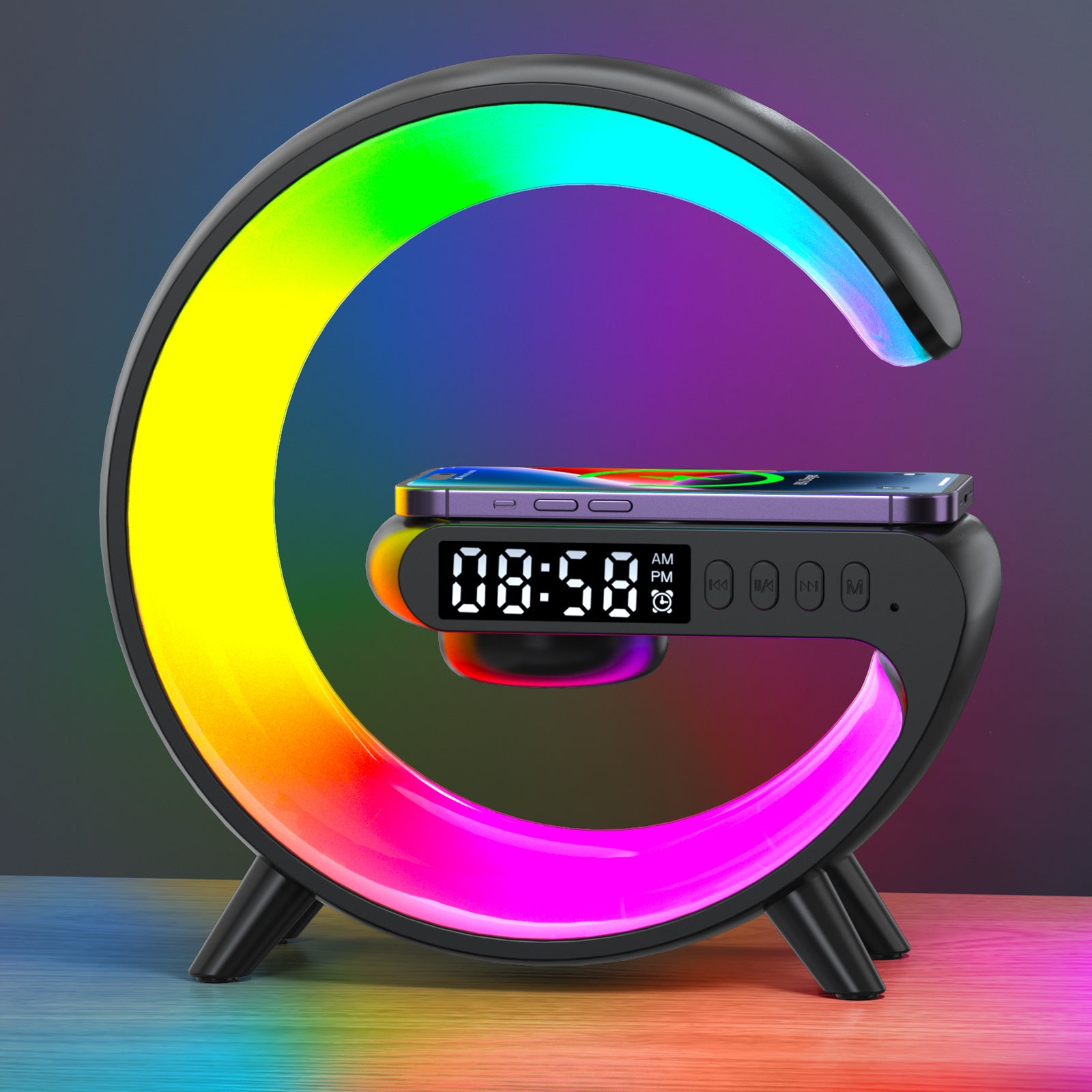 Multifunctional Wireless Charger Stand Pad Alarm Clock Speaker RGB Light Fast Charging Station