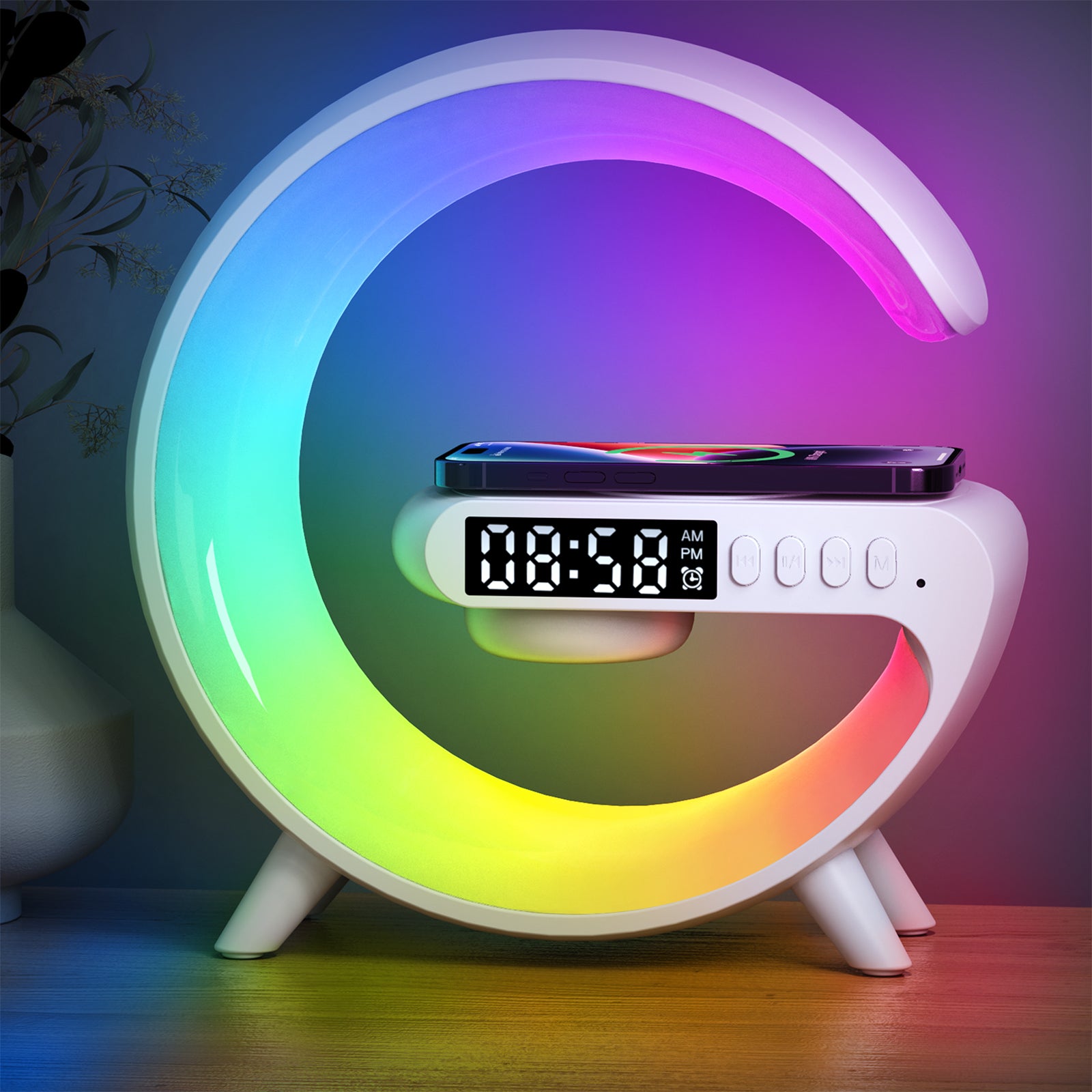 Multifunctional Wireless Charger Stand Pad Alarm Clock Speaker RGB Light Fast Charging Station