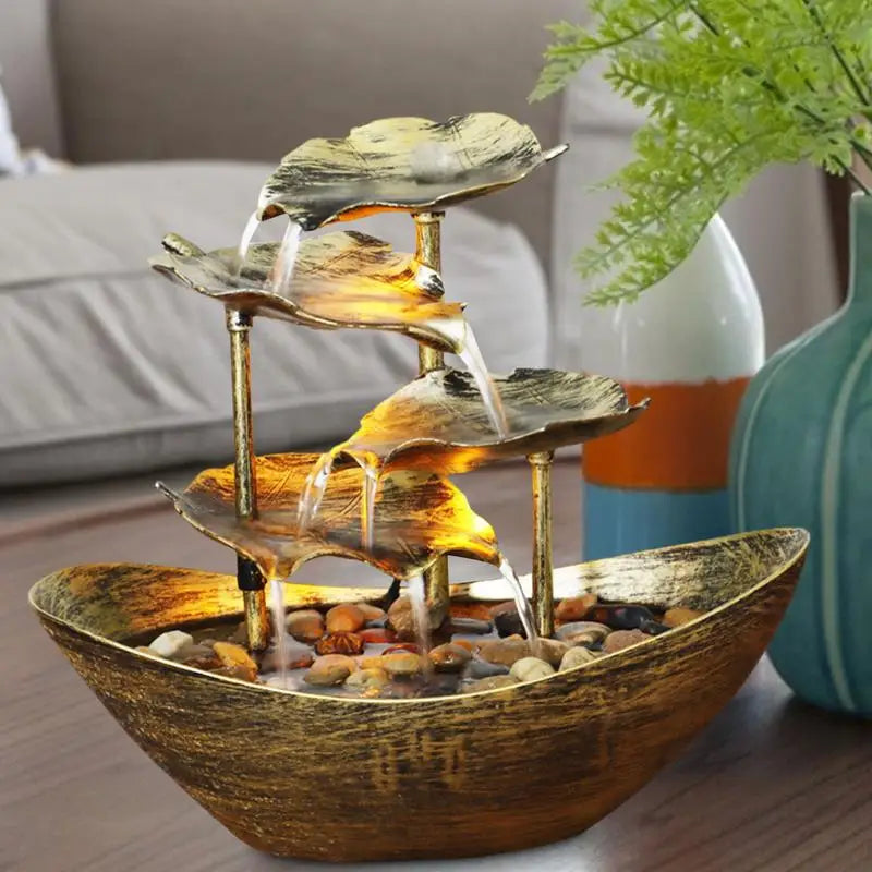 Tabletop Water Fountain 4-Tiers Lotus Leaf Small Waterfall Fountain USB Desk Fountain Automatic Pump USB Tabletop